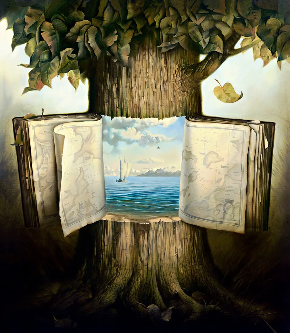 An artwork of a tree with rich leaves - the vertical middle of its trunk opens into a book, with its center showing an ocean and a sailing ship, and both sides showing pages of maps.