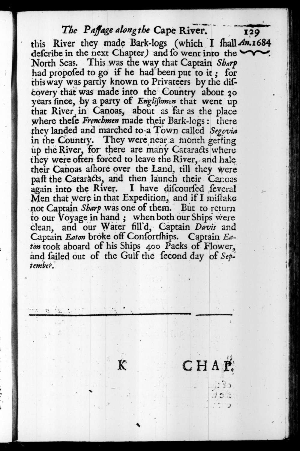 Page 129 screenshot of the book A New Voyage Round the World by William Dampier (1697 Edition).