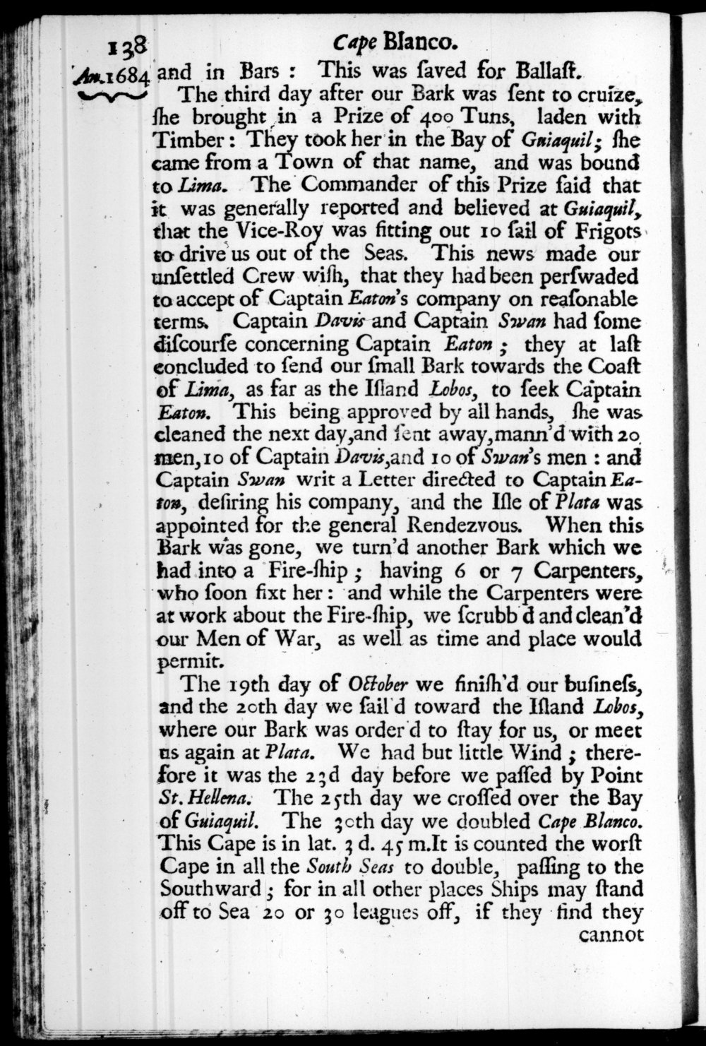 Page 138 screenshot of the book A New Voyage Round the World by William Dampier (1697 Edition).