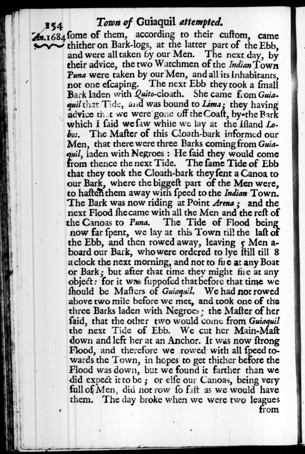 Page 154 screenshot of the book A New Voyage Round the World by William Dampier (1697 Edition).