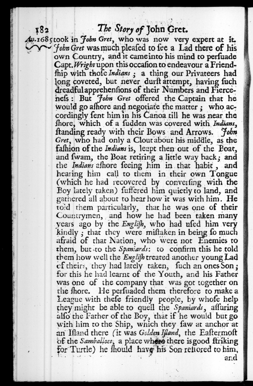 Page 182 screenshot of the book A New Voyage Round the World by William Dampier (1697 Edition).