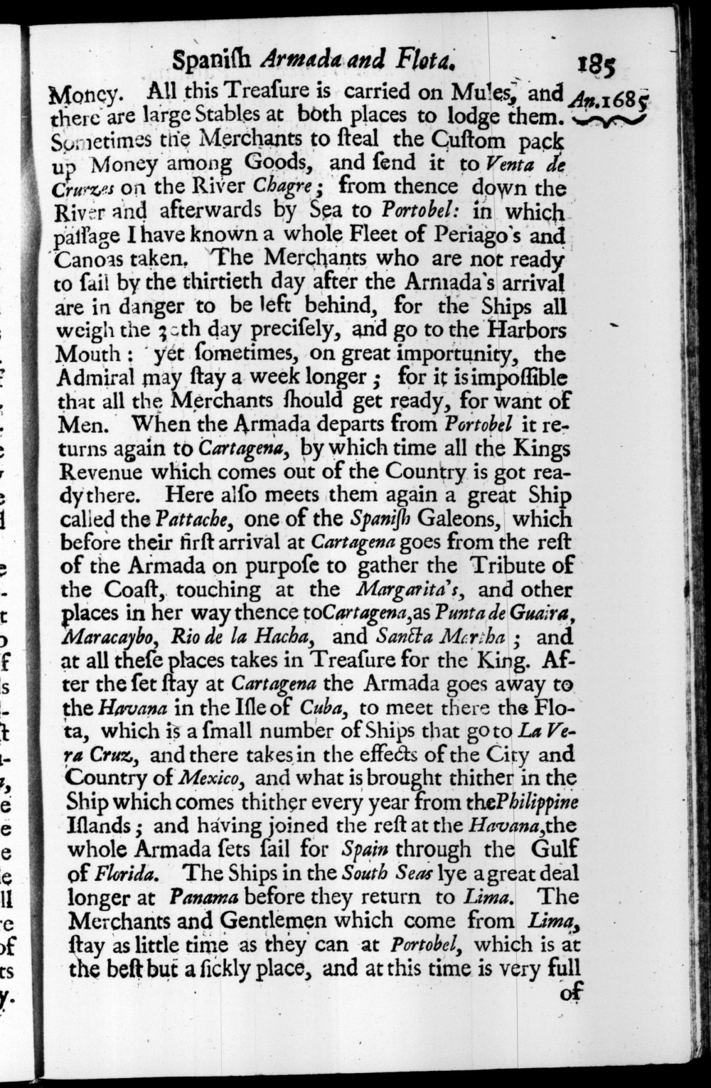 Page 185 screenshot of the book A New Voyage Round the World by William Dampier (1697 Edition).