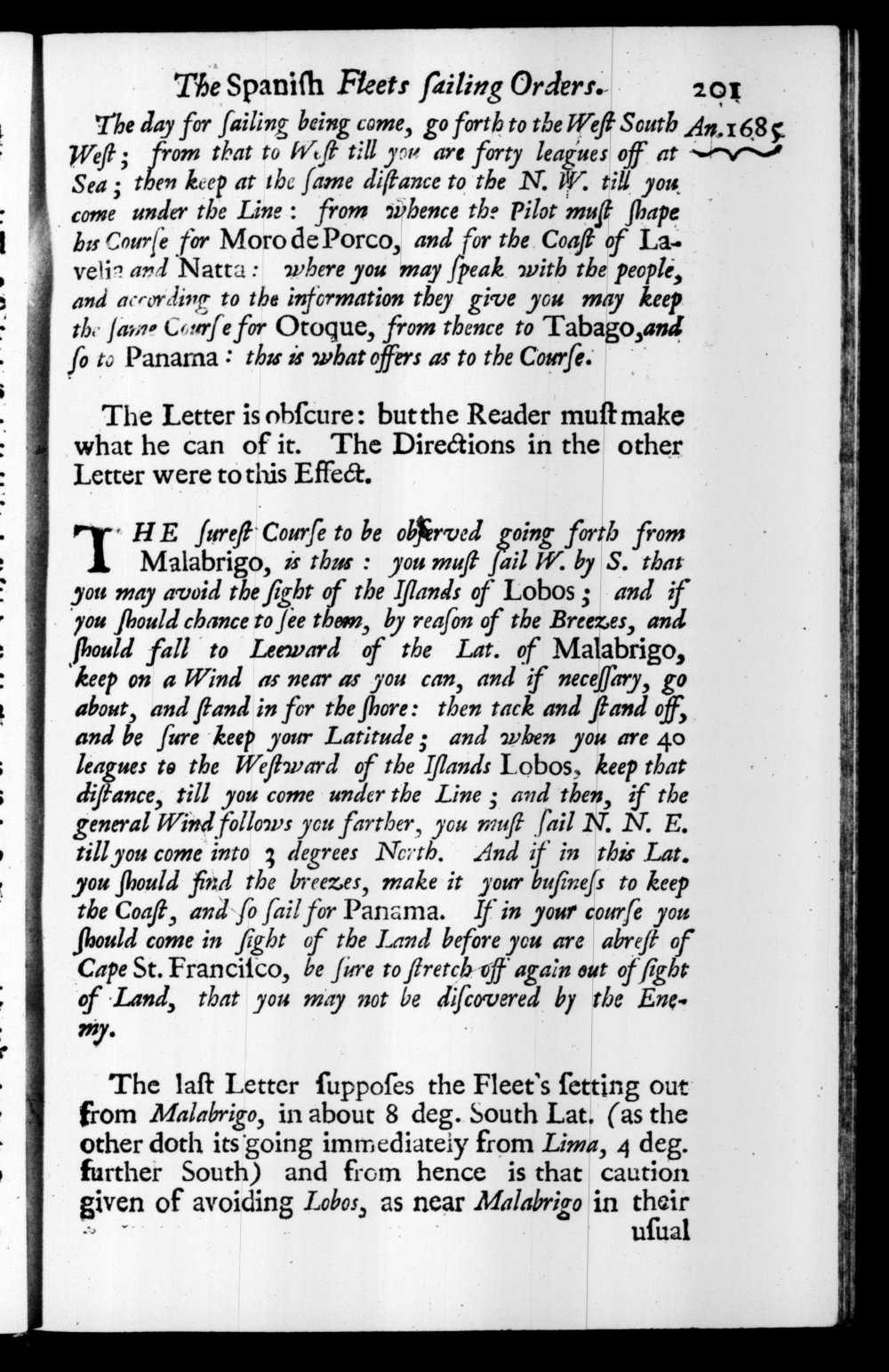 Page 201 screenshot of the book A New Voyage Round the World by William Dampier (1697 Edition).