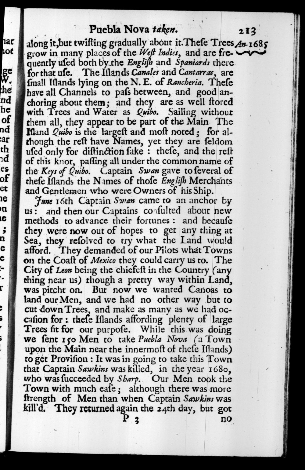 Page 213 screenshot of the book A New Voyage Round the World by William Dampier (1697 Edition).