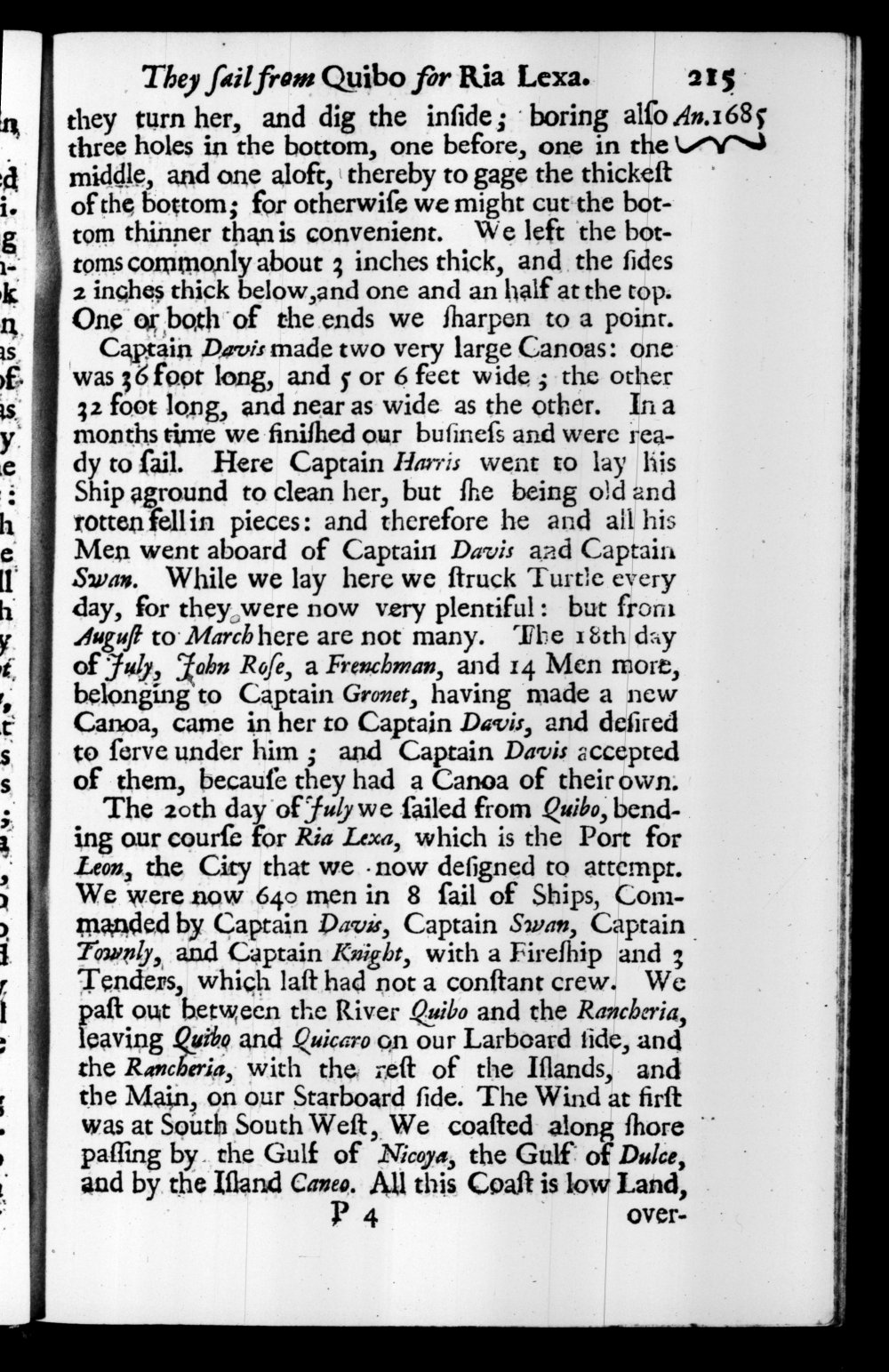 Page 215 screenshot of the book A New Voyage Round the World by William Dampier (1697 Edition).