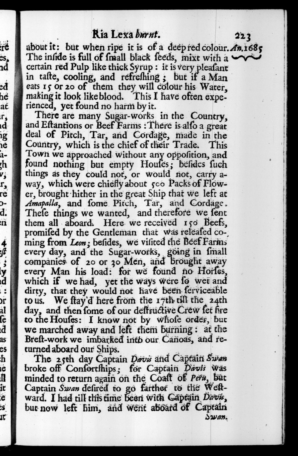 Page 223 screenshot of the book A New Voyage Round the World by William Dampier (1697 Edition).