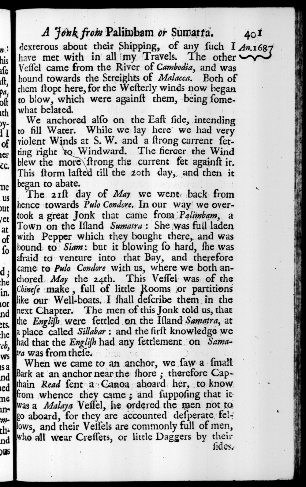 Page 401 screenshot of the book A New Voyage Round the World by William Dampier (1697 Edition).