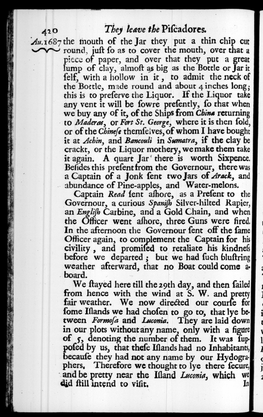Page 420 screenshot of the book A New Voyage Round the World by William Dampier (1697 Edition).
