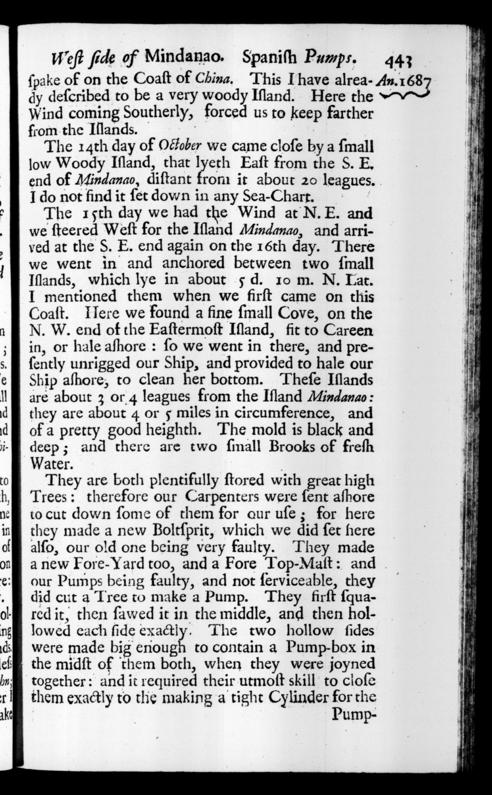 Page 443 screenshot of the book A New Voyage Round the World by William Dampier (1697 Edition).
