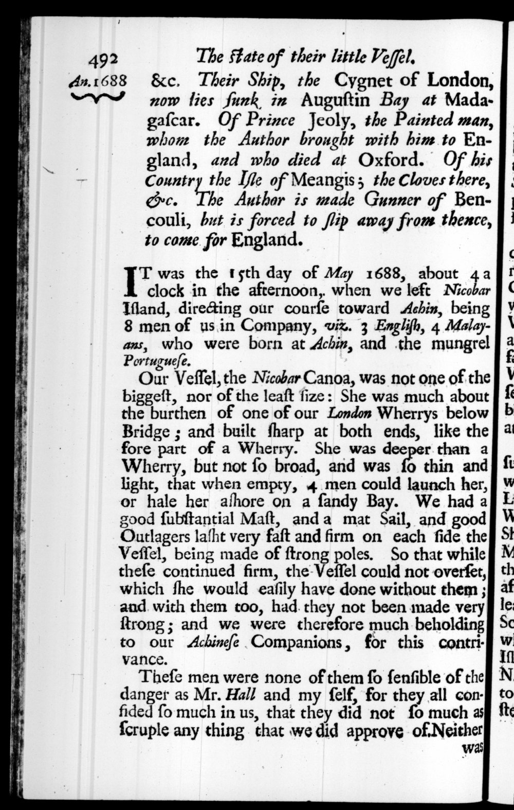 Page 492 screenshot of the book A New Voyage Round the World by William Dampier (1697 Edition).