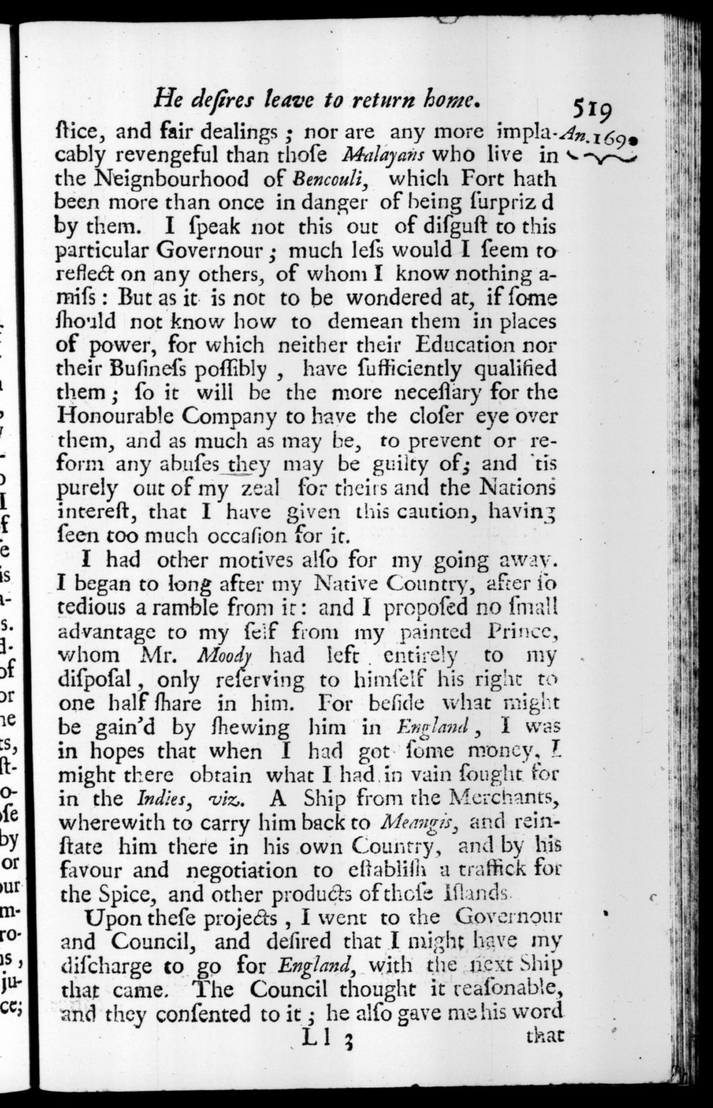 Page 519 screenshot of the book A New Voyage Round the World by William Dampier (1697 Edition).